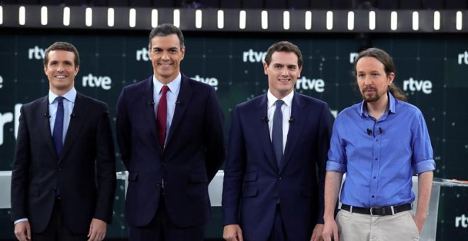 Los principales candidatos a la Presidencia del Gobierno en las elecciones generales, Pablo Casado (PP), Pedro Sánchez (PSOE), Albert Rivera (Cs) y Pablo Iglesias (Unidas Podemos). -EFE