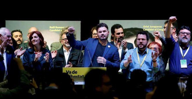 El candidat d'ERC al Congrés Gabriel Rufián celebra la victòria del seu partit a Catalunya després de les eleccions generals del 28-A. EFE/Alberto Estévez