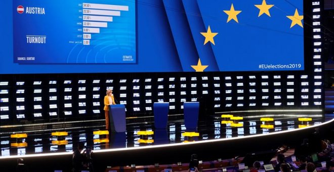26/05/2019.- Primeras proyecciones de los resultados durante las elecciones europeas en el Parlamento Europeo, en Bruselas, Bélgica. EFE
