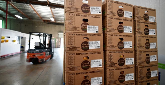 Cajas de tomates en un almacén en el puerto de entrada de Otay Mesa, en la frontera de Estados Unidos y México en San Diego (California, EEUU).AFP/Frederic J. BROWN