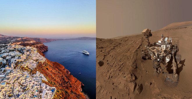 En la isla de Santorini se han encontrado rocas basálticas parecidas a las que ha localizado el rover Curiosity en el cráter Gale de Marte. / Nextvoyage-Pixabay/NASA/JPL-Caltech/MSSS
