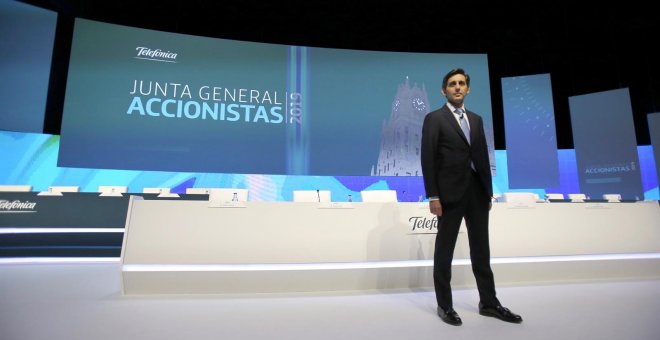 El presidente de Telefónica, José María Álvarez-Pallete, en la junta general de accionistas de 2019. E.P.