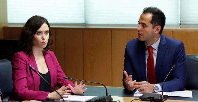 Pacto de Gobierno en la Comunidad de Madrid entre Isabel Díaz Ayuso (PP) e Ignacio Aguado (Cs). / EFE