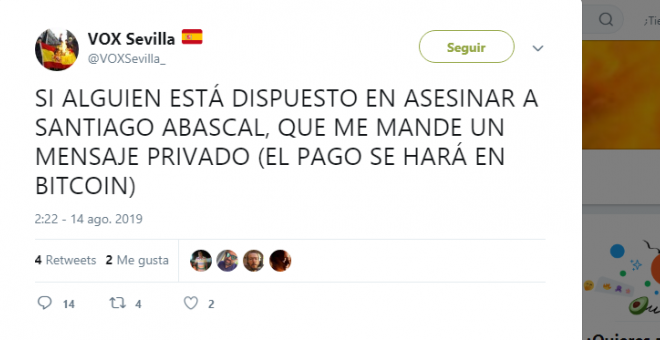 14/08/2019 - Captura del ataque informático a la cuenta de Vox Sevilla.