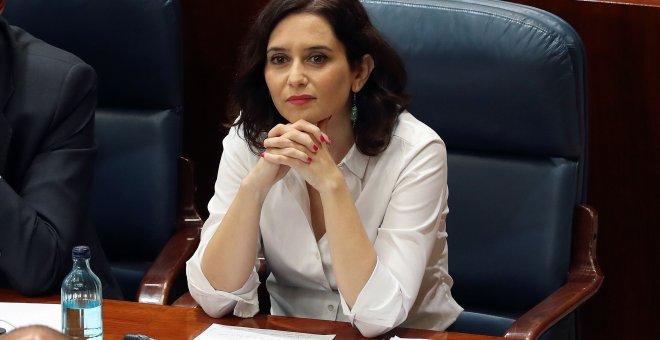 Isabel Díaz Ayuso, presidenta de la Comunidad de Madrid, durante el debate de investidura en la Asamblea de Madrid. EFE/ J.J. Guillén