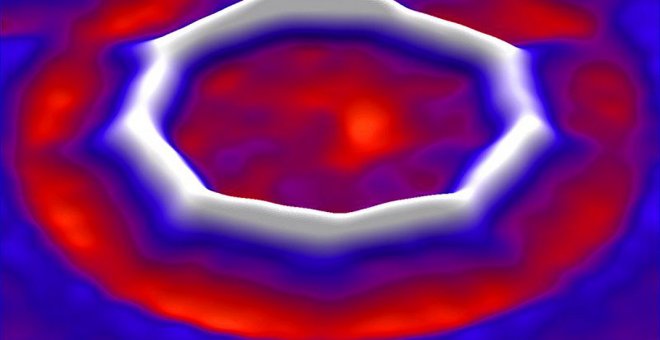 Anillo de 18 átomos de carbono, el primer ciclocarbono sintetizado, a partir de su observación al microscopio./IBM RESEARCH