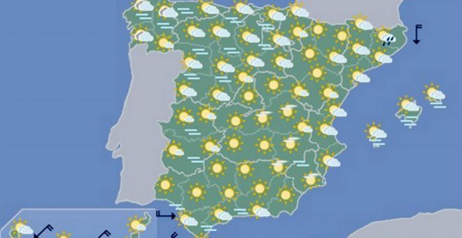 La Agencia Estatal de Meteorología (Aemet) prevé para este sábado, ambiente seco y soleado en casi toda España, salvo algún chubasco aislado en el área cantábrica y Pirineos, y temperaturas que se mantienen en valores altos para la época del año.