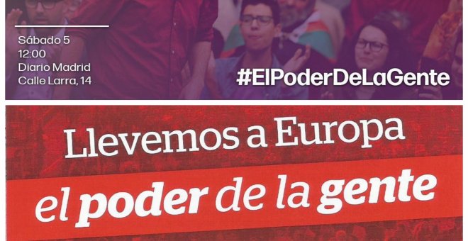Comparacion de carteles de Podemos e Izquierda Unida, con el mismo eslogan: el poder de la gente.
