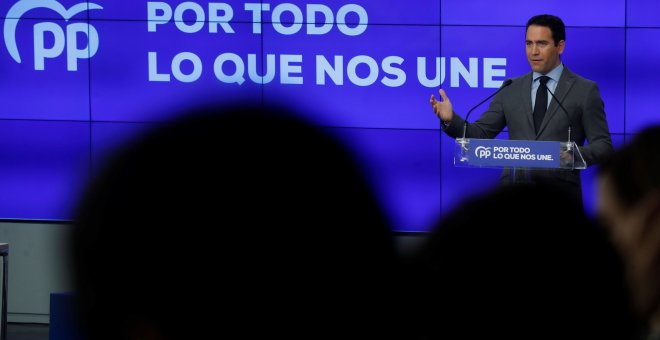 El secretario general del PP, Teodoro García Egea, durante la presentación del lema de su partido para las elecciones del 10 de noviembre. EFE/ Juan Carlos Hidalgo