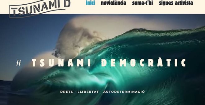 Pantalla de Tsunami Democràtic, en estos momentos bloqueada desde algunos de sus dominios.