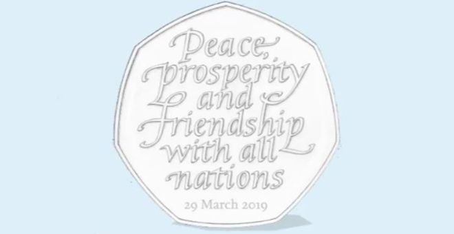 Imagen del diseño de la moneda conmemorativa con las fecha inicial del brexit, previsto para el 29 de marzo de 2019.- TESORO DE REINO UNIDO