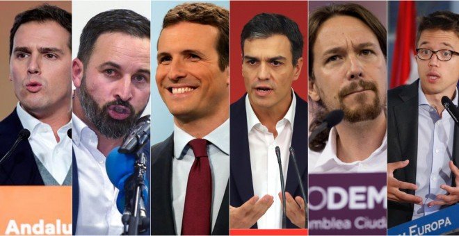 Els candidats a la Presidència del Govern el 10-N: albert Rivera, Santiago Abascal, Pablo Casado, PEdro Sánchez, Pablo Gilesias i Íñigo Errejon.