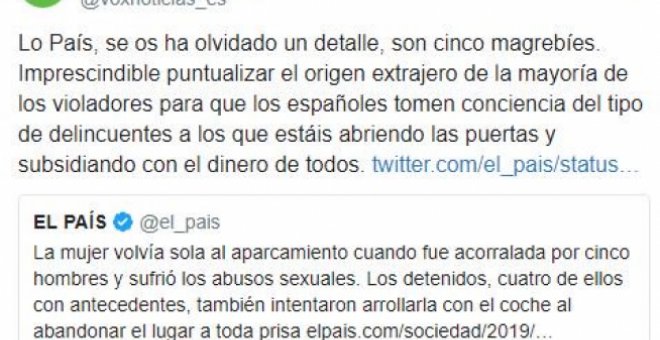 Captura del tuit publicado por Vox en el que atribuía a "magrebíes" un abuso sexual grupal cuyos presuntos autores son españoles.