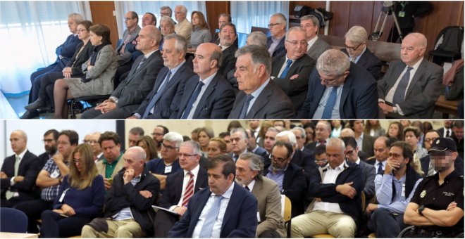 Los banquillos de los acusados en los juicios de la pieza política de los ERE (arriba), en la Audiencia de Sevilla, y de la primera época de la Gürtel (abajo), en la Audiencia Nacional. EFE
