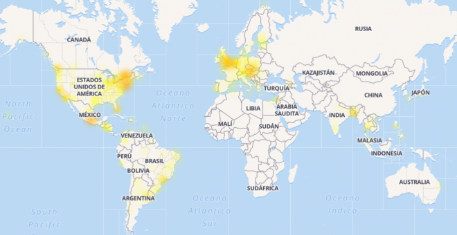 Mapa que revela las localizaciones donde más ha afectado la caída de Facebook, Whatsapp e Instagram./ Downdetector