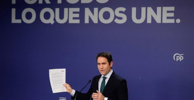 El secretario general del Partido Popular (PP), Teodoro García Egea, en rueda de prensa en la sede del partido tras la reunión del Comité de Dirección, este lunes, en Madrid. EFE/Emilio Naranjo