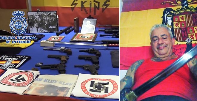 Las armas incautadas en el domicilio de Vicente Casinos, que posa con una catana y una bandera franquista.