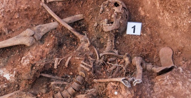 Trabajos de exhumación del pasado mes de septiembre, en La Riba de Escalote, llevados a cabo por la Sociedad de Ciencias Aranzadi y la Asociación Soriana Recuerdo y Dignidad.- ÓSCAR RODRIGUEZ (ARANZADI)