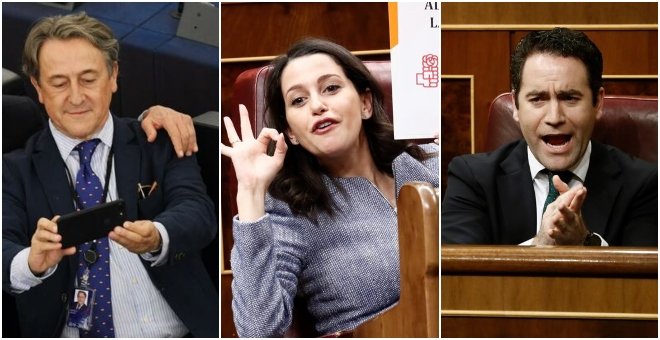 Hermann Tertsch (Vox), Inés Arrimadas (Ciudadanos) y Teodoro García Egea (PP). / EFE