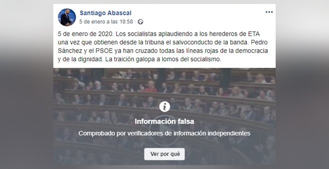 Captura de la publicación de Santiago Abascal que Facebook ha calificado de "información falsa". / Facebook