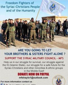 Poster publicado por el Consejo Militar Siriaco donde se solicita ayuda militar para los cristianos.