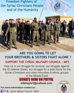 Póster publicado por el Consejo Militar Siriaco donde se solicita ayuda militar para los cristianos.