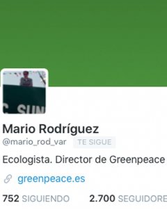 Perfil de Twitter de Mario Rodríguez, presidente de GreenPeace España.