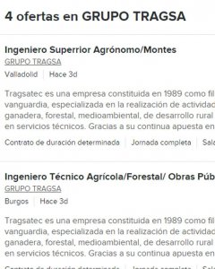 Captura de pantalla de las últimas cuatro ofertas de empleo publicadas por Tragsa