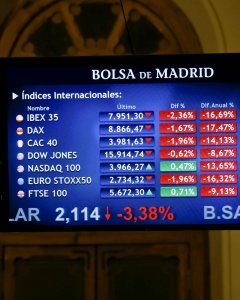 Un panel de la bolsa de Madrid que muestra el principal indicador de la Bolsa española, el Ibex, y el resto de los indicadores europeos, en rojo en los primeros movimientos de la sesión.. EFE/Chema Moya