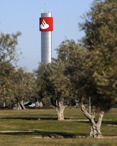 El logo del Banco Santander en una torre de la sede corporativa de la entidad, en la localidad madrileña de  Boadilla del Monte. REUTERS/Juan Medina