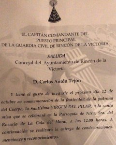 Invitación al acto del Guardia Civil en Rincón de la Victoria.