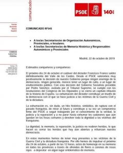 Carta de la Ejecutiva del PSOE por la exhumación del dictador Francisco Franco.