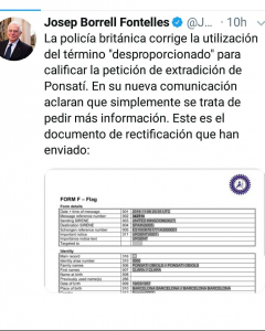 Pantallazo del tuit que publicó Josep Borrell de un documento de acceso restringido.
