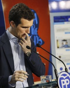 El vicesecretario de Comunicación del PP, Pablo Casado, durante su intervención en la presentación de campaña del Partido Popular (PP). EFE/Fernando Alvarado