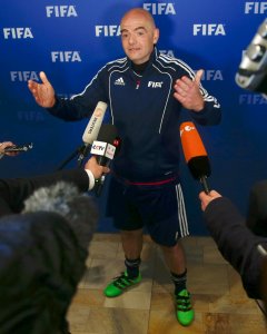 New FIFA President Gianni Infantino addresses the media after a friendly football match at FIFA headquarters in Zurich, Switzerland February 29, 2016. Infantino celebrated his first day in office by organising a soccer match for employees and guests. REUT
