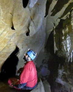 Fotografías facilitadas por la Diputación de Bizkaia, del arqueólogo Diego Gárate, analizando los 70 grabados de animales del paleolítico superior que un grupo de arqueólogos han hallado en la cueva de Atxurra. EFE/