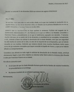 Carta remitida por la Fundación Nacional Francisco Franco