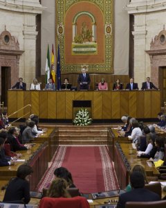 El presidente del Parlamento andaluz, Juan Pablo Durán, durante su discurso en el pleno institucional con motivo del Día de la comunidad autónoma. EFE/Pepo Herrera