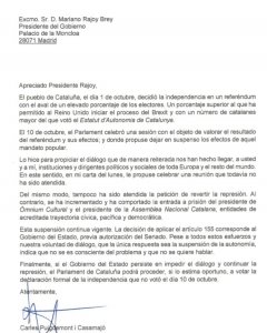 Carta de Puigdemont a Rajpy