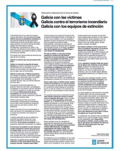 Declaración institucional de Feijóo en los medios impresos recogida por 'Praza Pública'.