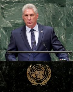El presidente de Cuba, Miguel Diaz-Canel, durante su intervención en la Asamblea General de la ONU. REUTERS/Carlo Allegri