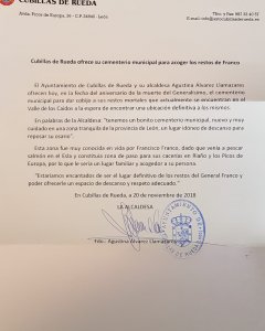 Carta de la alcaldesa de Cubillas de Rueda, en la que se ofrece para acoger los restos de Francisco Franco