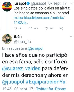 Tuit de Jusapol sobre la fuga de afiliados sindicales y en favor del Gabinete de Suárez-Valdés.