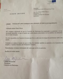 Respuesta de la Comisión de Peticiones del Parlamento Europeo a Silvia Oñate.