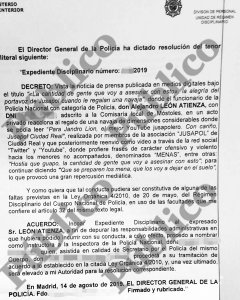 Notificación del expediente disciplinario contra Jandro Lion, obtenida por la periodista María Montero.