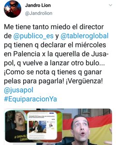 Tuit de Jandro Lion contra 'Público' previo al juicio celebrado en Palencia.