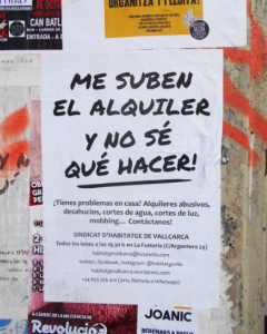 Cartel del Sindicat d'Habitatge de Vallcarca, en barcelona, llamando a la organización inquilinos en el barrio en asambleas.