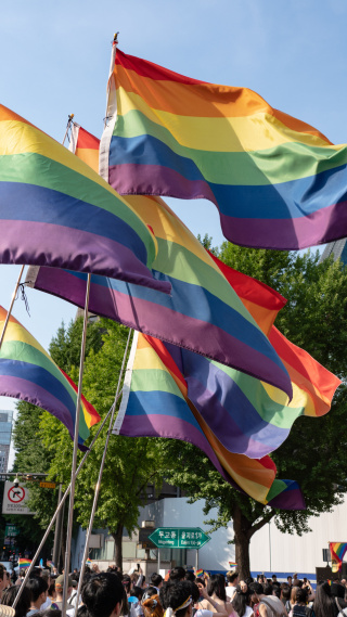 Pride flags are seen during the Seoul Queer Parade in Seoul downtown. The 27th Seoul Queer Parade (SQP) was held in Seoul, South Korea..It is a public cultural event held downtown every year to promote LGBTQIA+ visibility, human rights, cultural enjoyment
