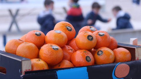 Caixa de clementines amb nens jugant al fons Caixa de clementines amb nens jugant al fons