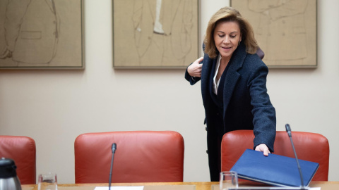 La  ex secretaria general del PP María Dolores Cospedal a su llegada en la Comisión de Investigación sobre la denominada "Operación Cataluña", en el Congreso de los Diputados.